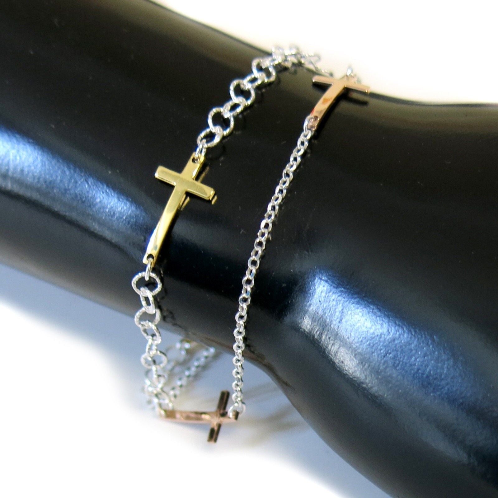 925 Sterling Silver Tri Colored Sideways Cross Elegant Bracelet