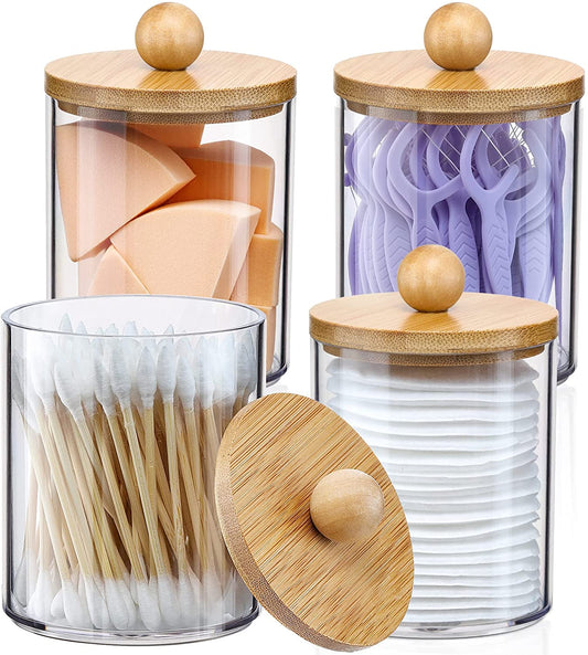 4 Pack Qtip Holder Dispenser with Bamboo Lids - 10 Oz Clear Plastic Apothecary