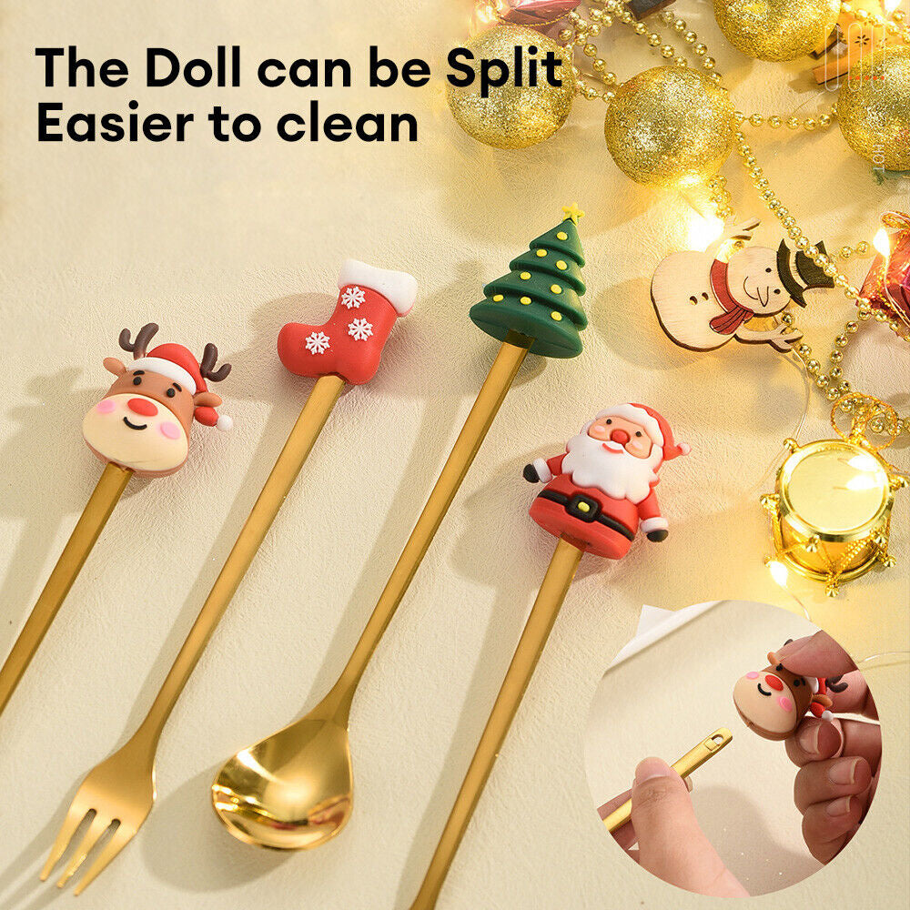 Christmas Themed Cutlery Set 6PCS Christmas Gift Glod Spoon Fork Set Elk Christmas Tree