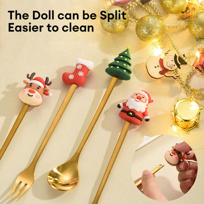 Christmas Themed Cutlery Set 6PCS Christmas Gift Glod Spoon Fork Set Elk Christmas Tree