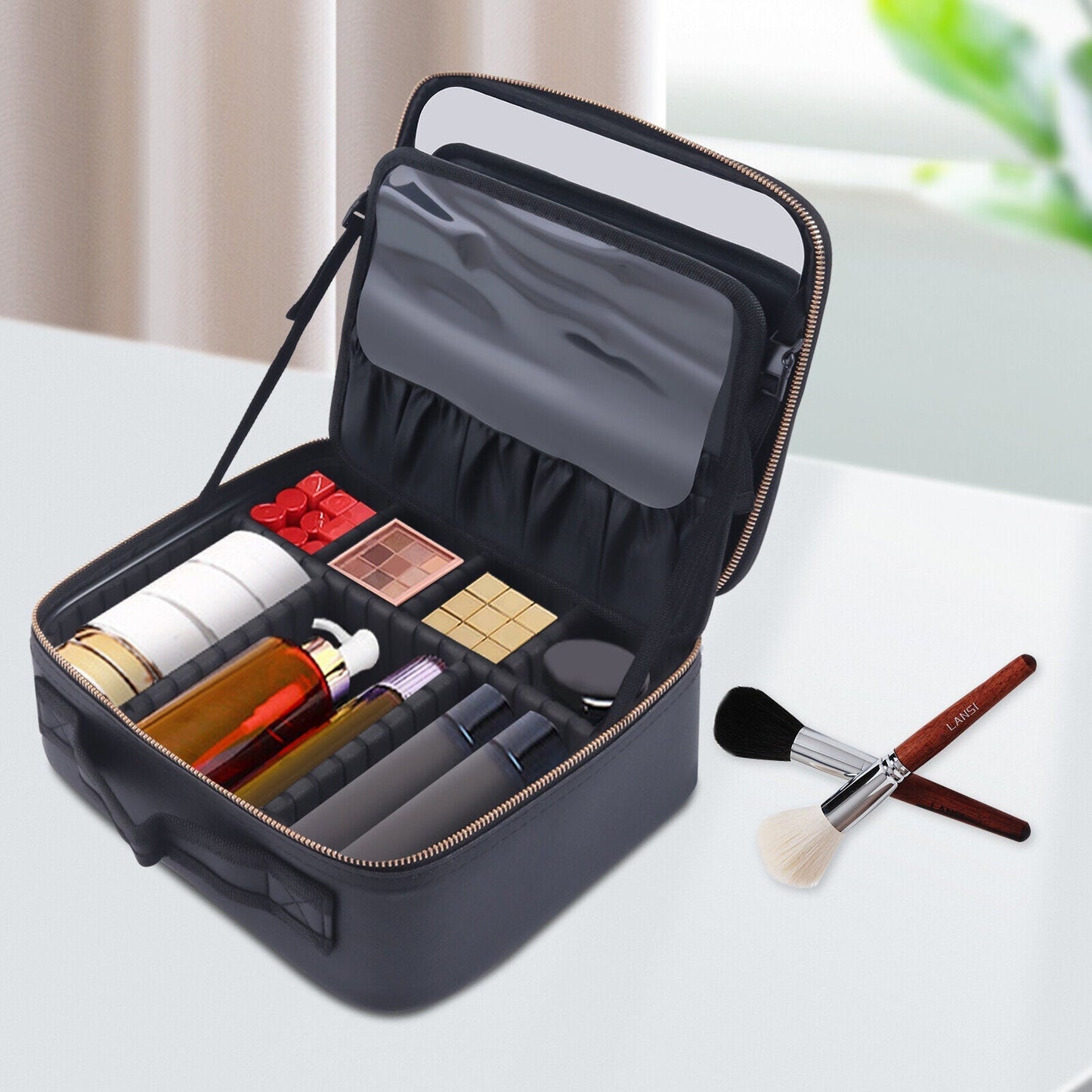 Makeup Bag Makeup Organizer Box with Mirror Large Capacity Travel Cosmetic Case Waterproof PU Portable Storage for Brushes & Skincare