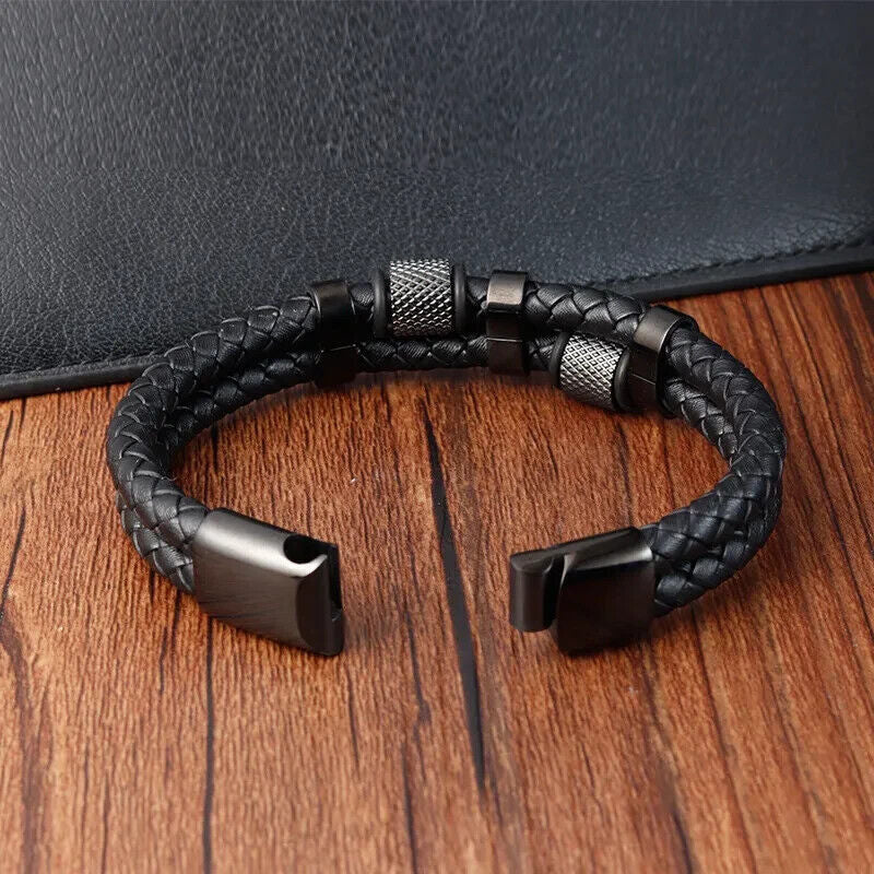 Stainless Steel Genuine Leather Men Strength Fashion Bangle Wrap Bracelet Gifts