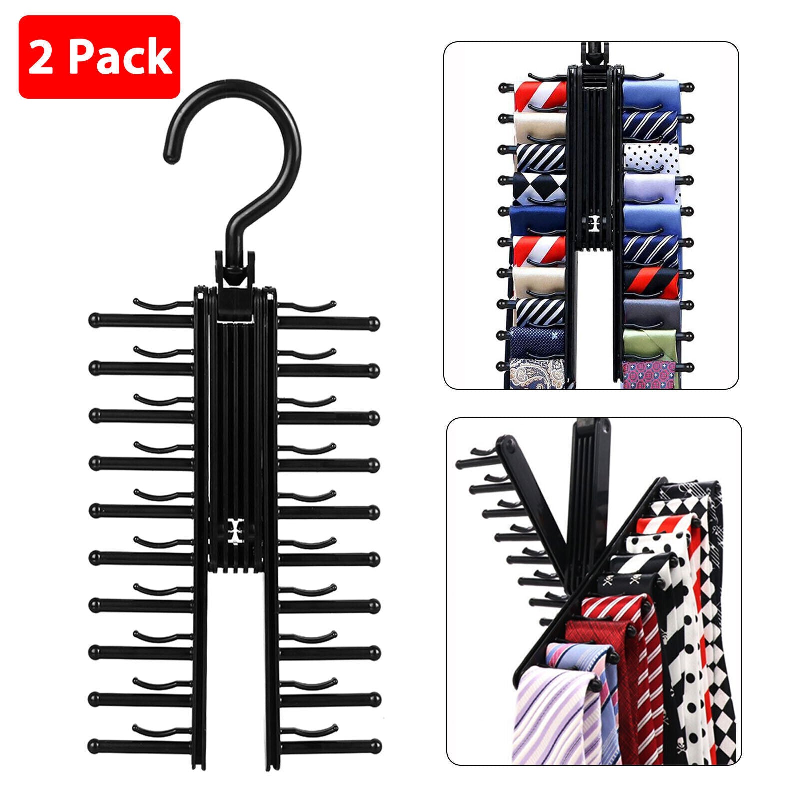 Tie Rack Organizer for Closet - 20 Tie Hanger with 360° Rotating Hook, Space-Saving Non-Slip Clips, Durable ABS Plastic, Easy Access & Neat Storage