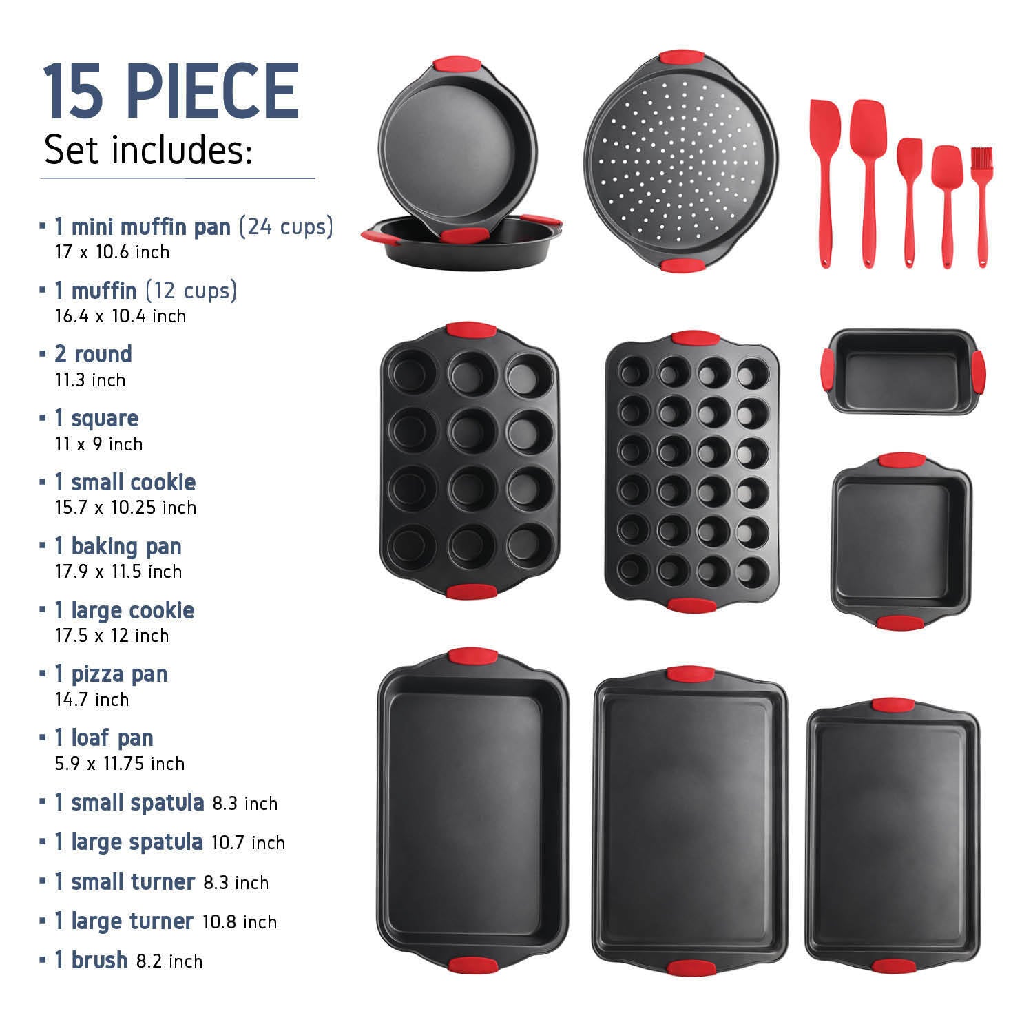 15 Pc Bakeware Set Nonstick Carbon Steel Oven Safe Silicone Handles Baking Kit