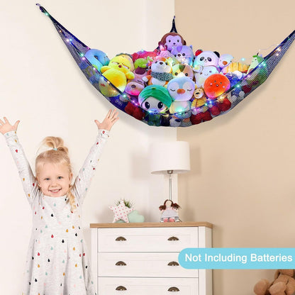 LED Light Hanging Stuffed Animals Organizer, Hammock with LED Lights – Large Corner Toy Net Storage Organizer for Kids Room, Nursery, Playroom 