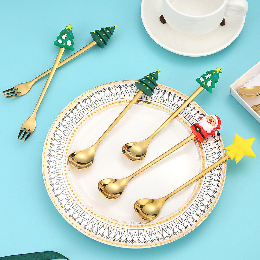 Christmas Themed Cutlery Set 6PCS Christmas Gift Glod Spoon Fork Set Elk Christmas Tree