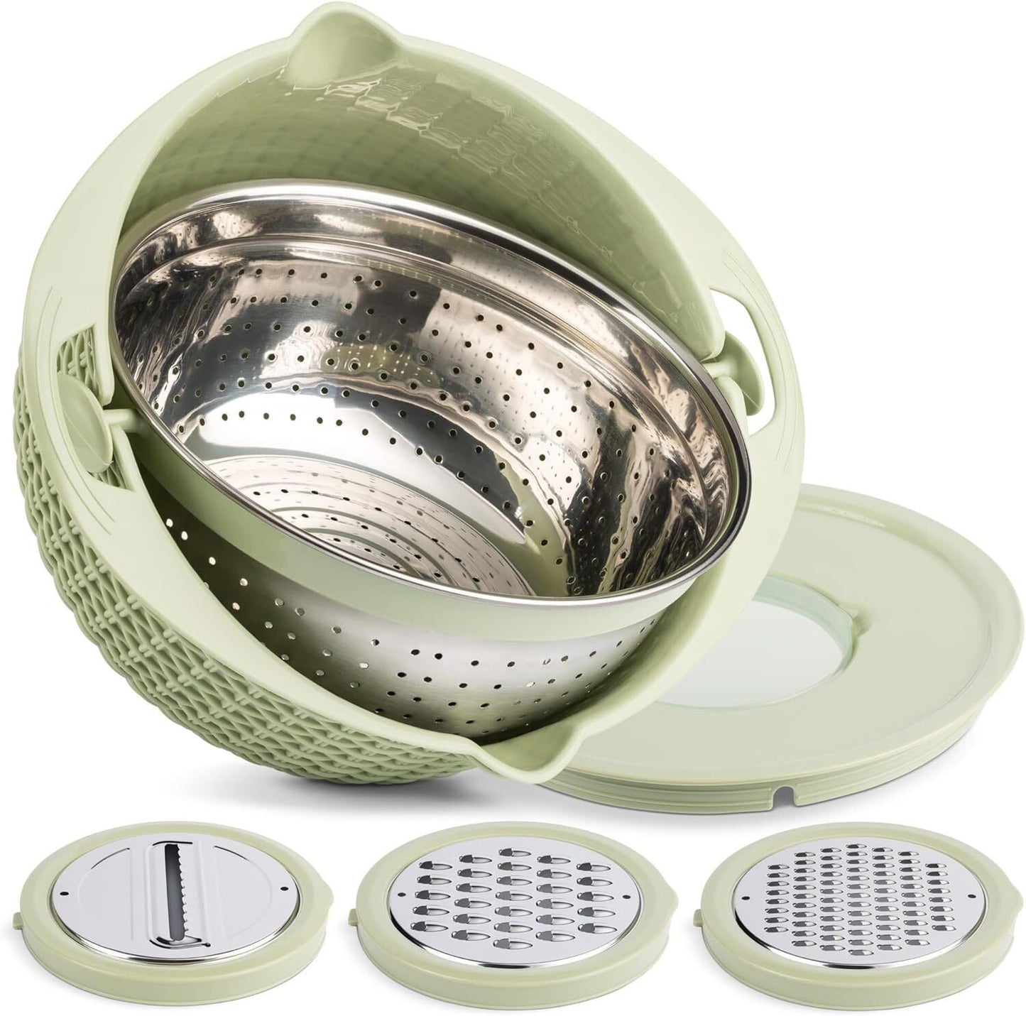 colander, Kitchen Strainer 4-in-1 Set - Rotating Colander, Fruit Bowl, Stainless Steel & Plastic, Utensils Food Prep Metal Sturdy Thick Traditional