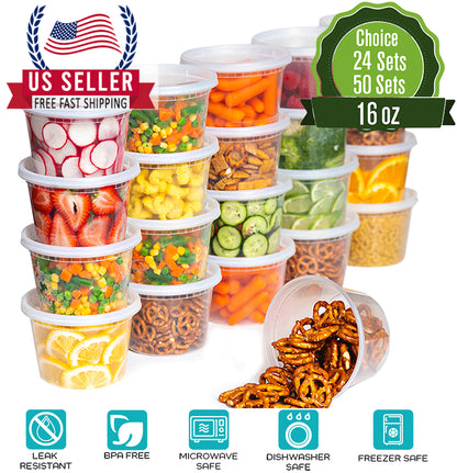 meal prep containers, 16oz Food Storage Containers [50 Sets] with Airtight Lids – Leakproof, Stackable, Microwave, Freezer & Dishwasher Safe