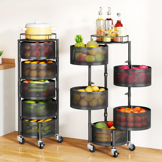 5-Tier Rotating Fruit Basket Storage Rack with 360° Swivel Wheels – Durable Steel Organizer for Kitchen, Snacks, Vegetables & More 🍎🥔 