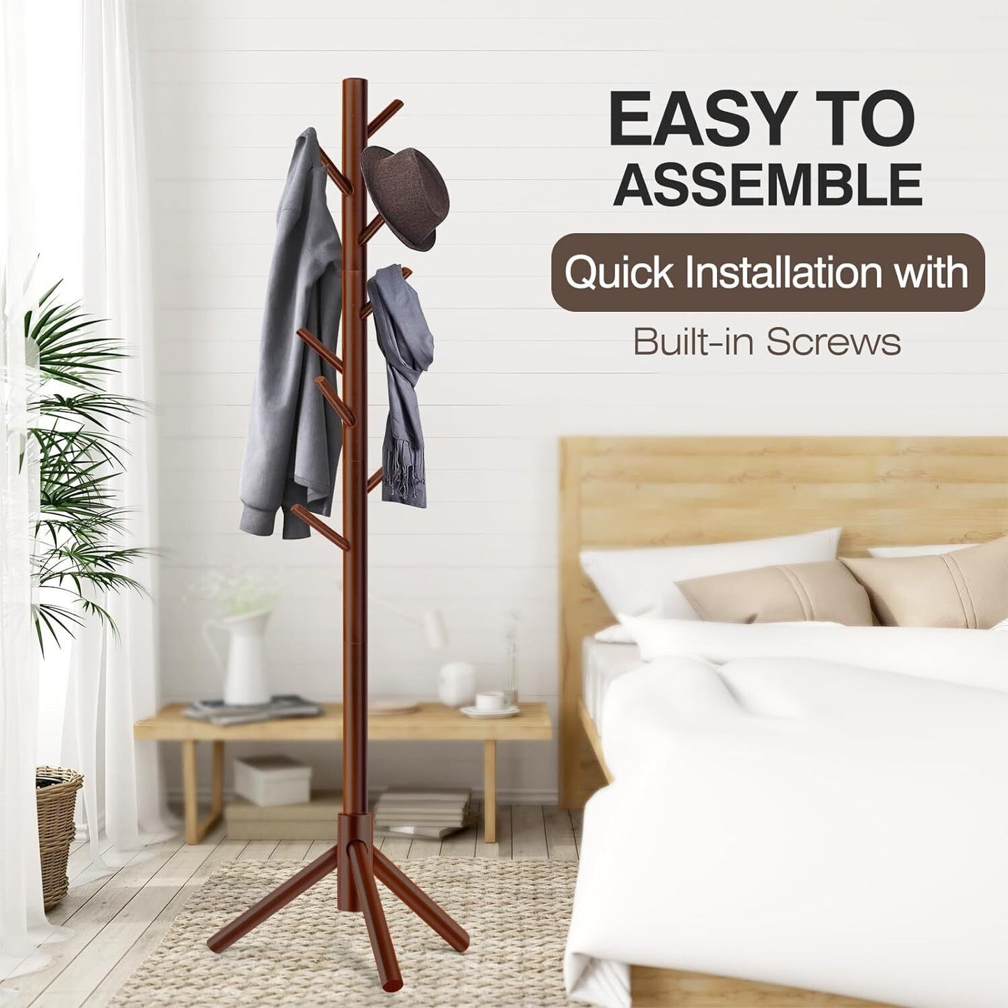 Modern Multifunctional Coat Hanger, Wooden Coat Rack Stand with Adjustable Height, 8 Hooks for Hats & Scarves - Space-Saving Entryway Organizer Sturdy