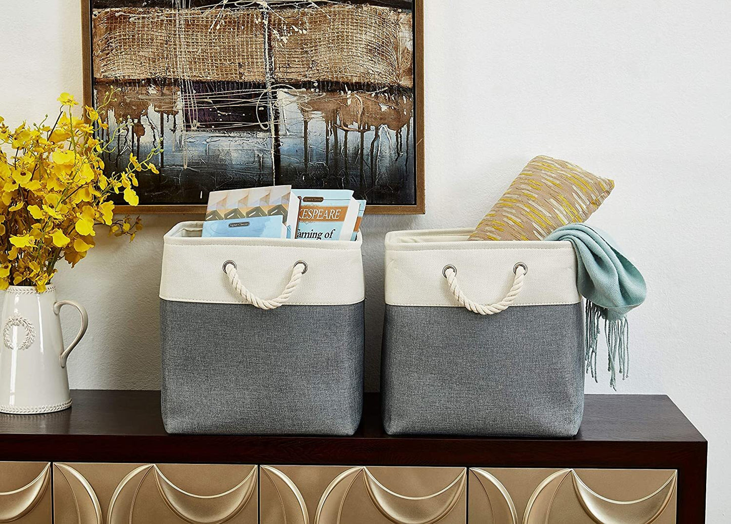 Large Storage Basket Rectangular Fabric Collapsible Organizer Bin Box 13×13×13In