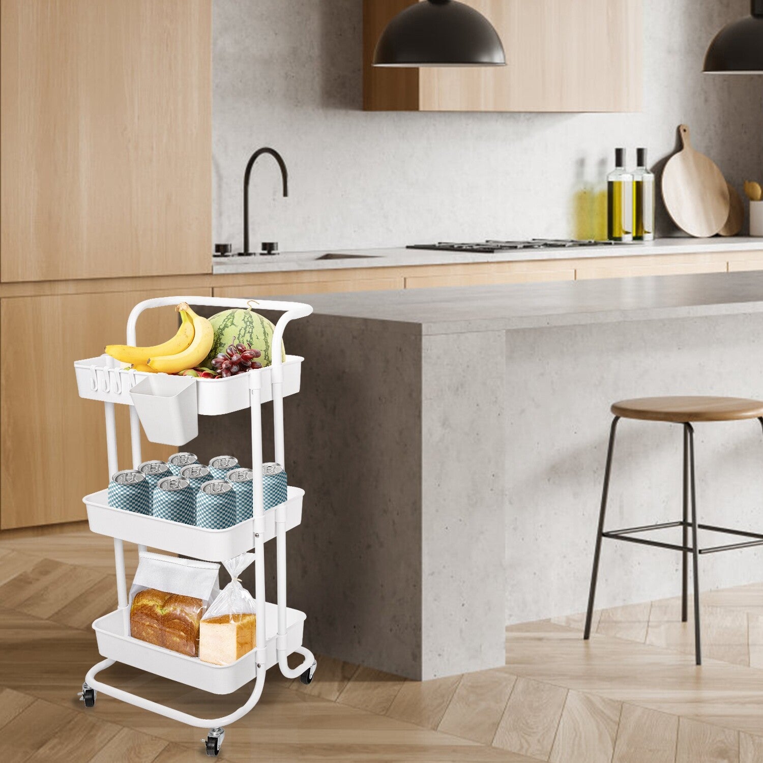 3 Tier Rolling Kitchen Trolley Cart Metal+Pp Storage Shelves Rack Utility Cart