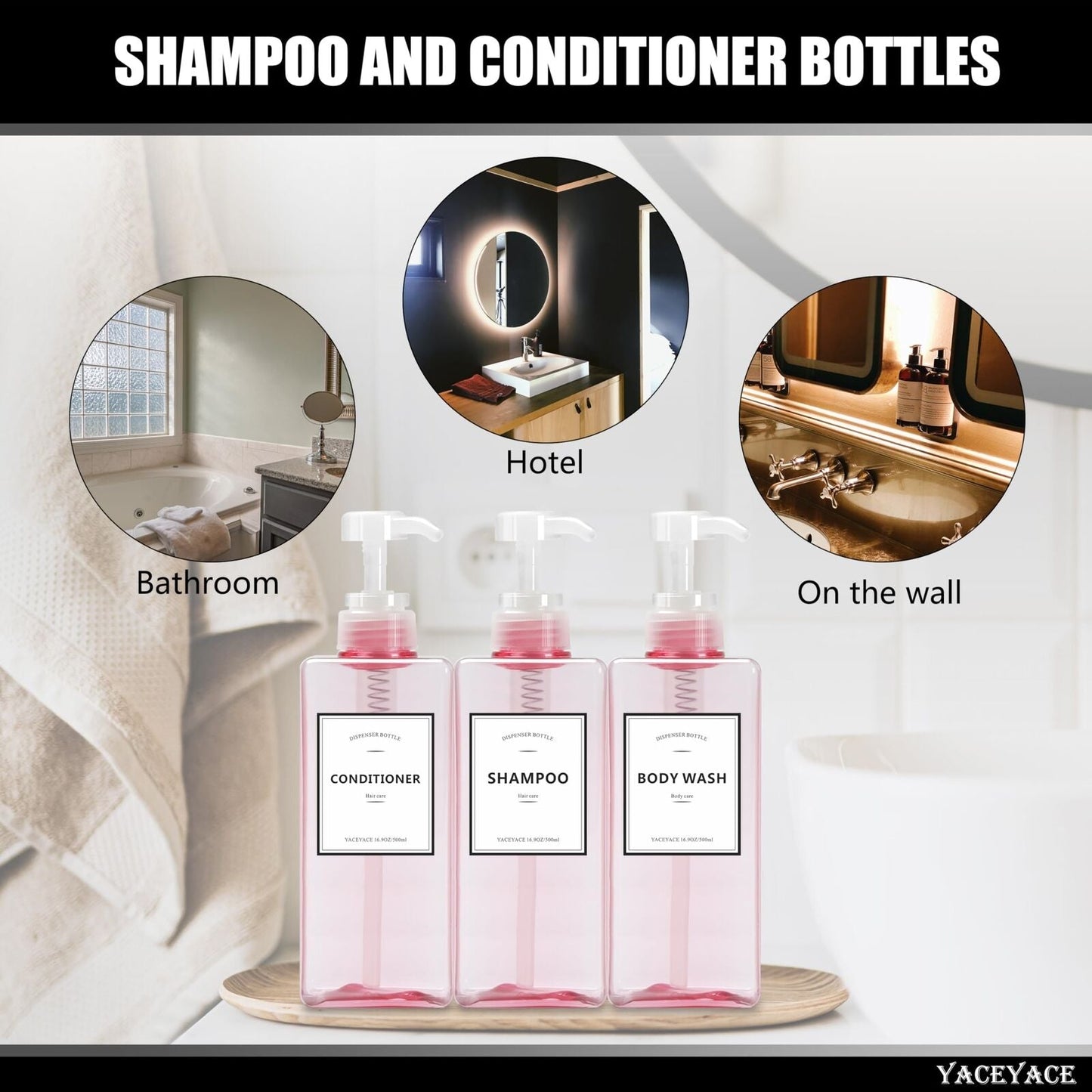 Shampoo Bottles Pink Shampoo and Conditioner 16.9Oz Set of 3 Pink Clear Empty with Pump Dispenser Hand Pet Silicone Soap Waterproof Shower Plastic