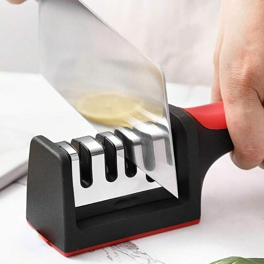 Knife Sharpener for Kitchen Knives, 4-in-1 Manual Blade Sharpener – Easy & Safe Tool for Restoring Sharp Edges at Home, Works on All Blades!