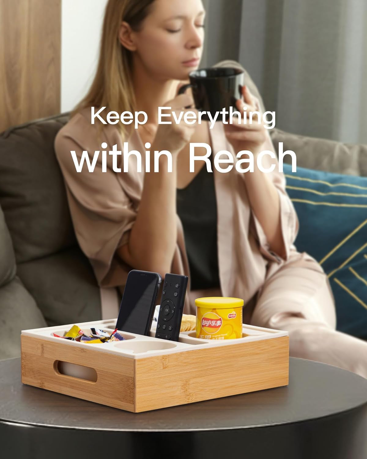 Couch Cup Holder with Lid, Silicone Bed Caddy with Cup Holder, Bed Organizer for Drinks, Snacks, Remotes, Bamboo Couch Caddy for Sofa, Bed and Car(Beige)