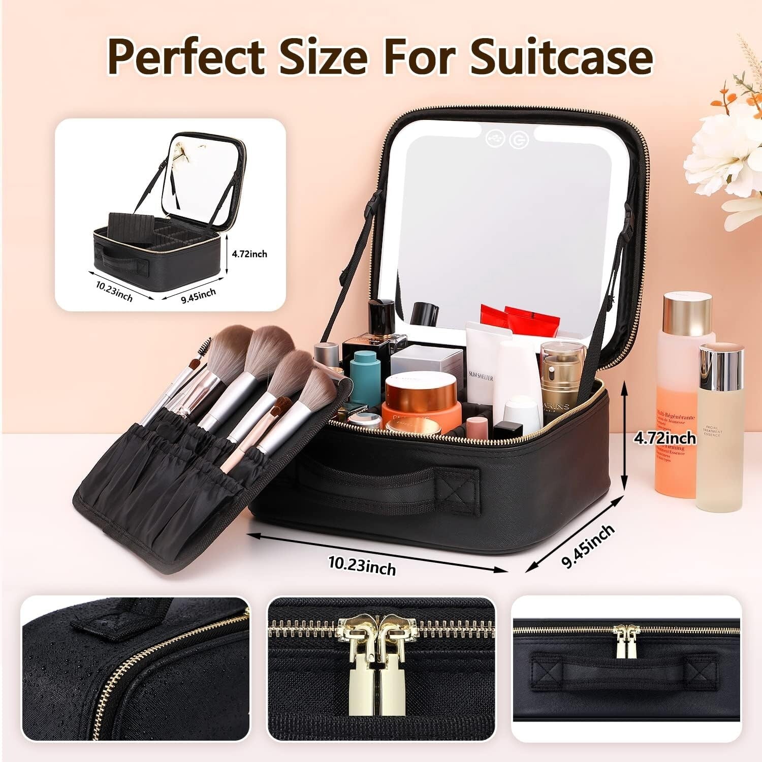 Travel Makeup Bag with LED Lighted Makeup Case with Mirror 3 Color Setting