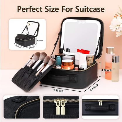 Travel Makeup Bag with LED Lighted Makeup Case with Mirror 3 Color Setting