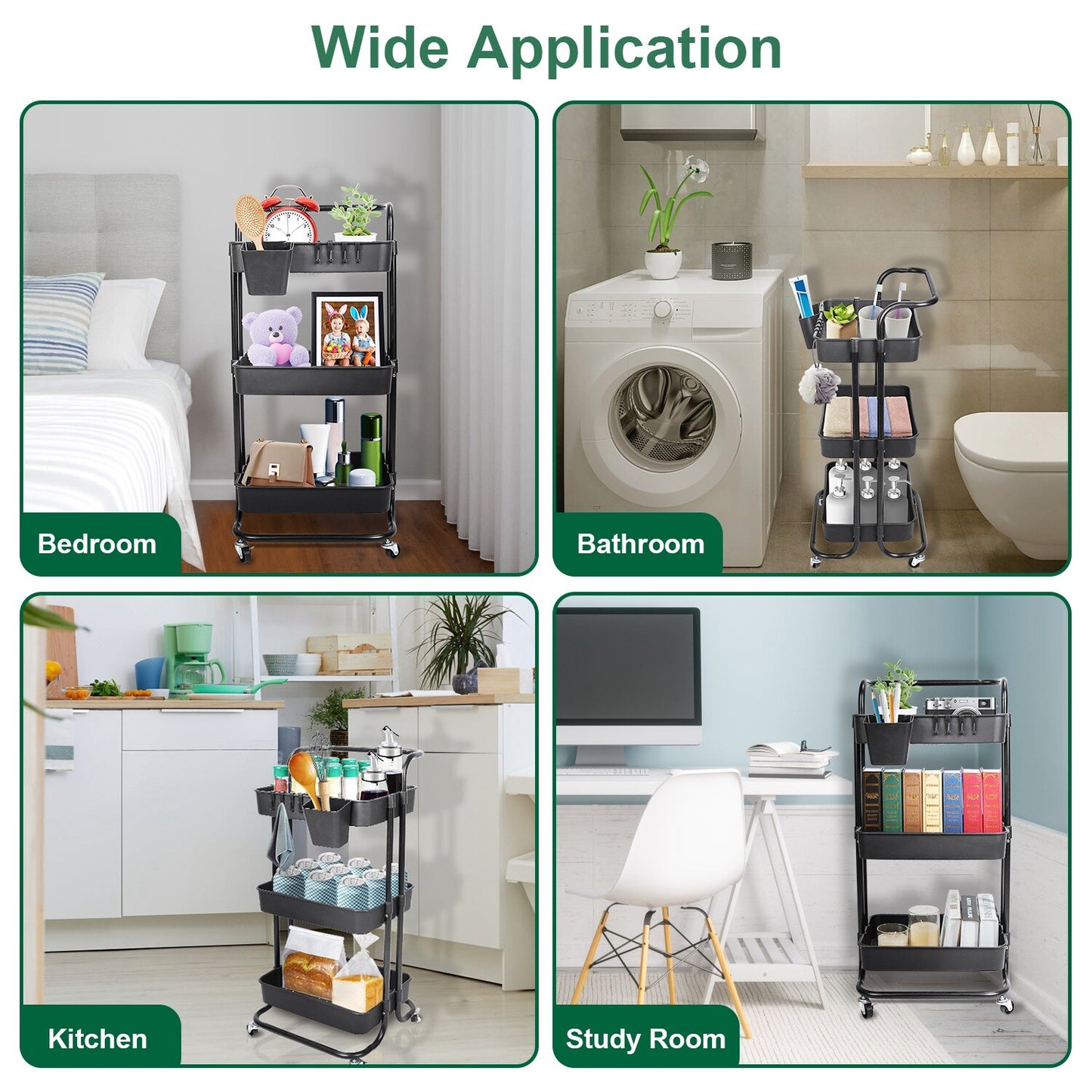 3 Tier Rolling Kitchen Trolley Cart Metal+Pp Storage Shelves Rack Utility Cart