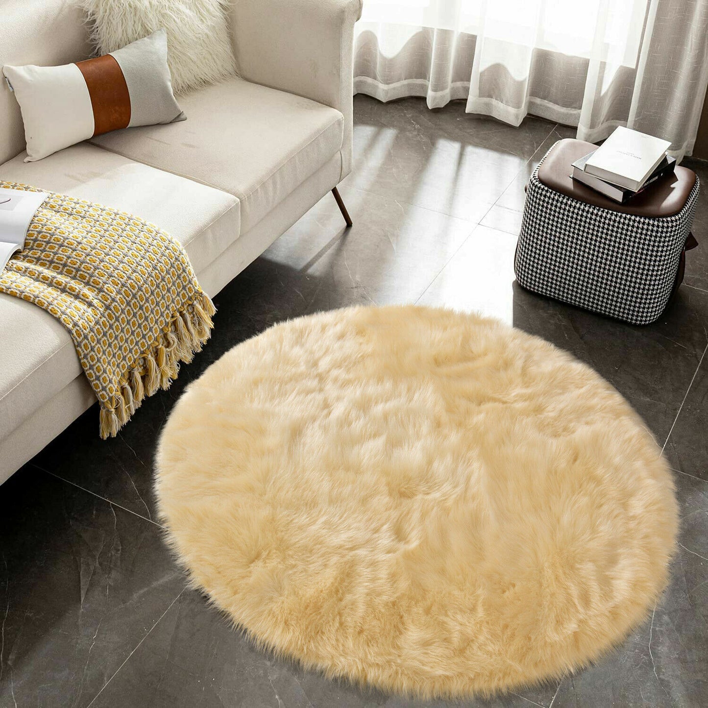 Faux Fur Sheepskin Fluffy Area Rugs round Shaggy Carpet for Bedroom Living Room