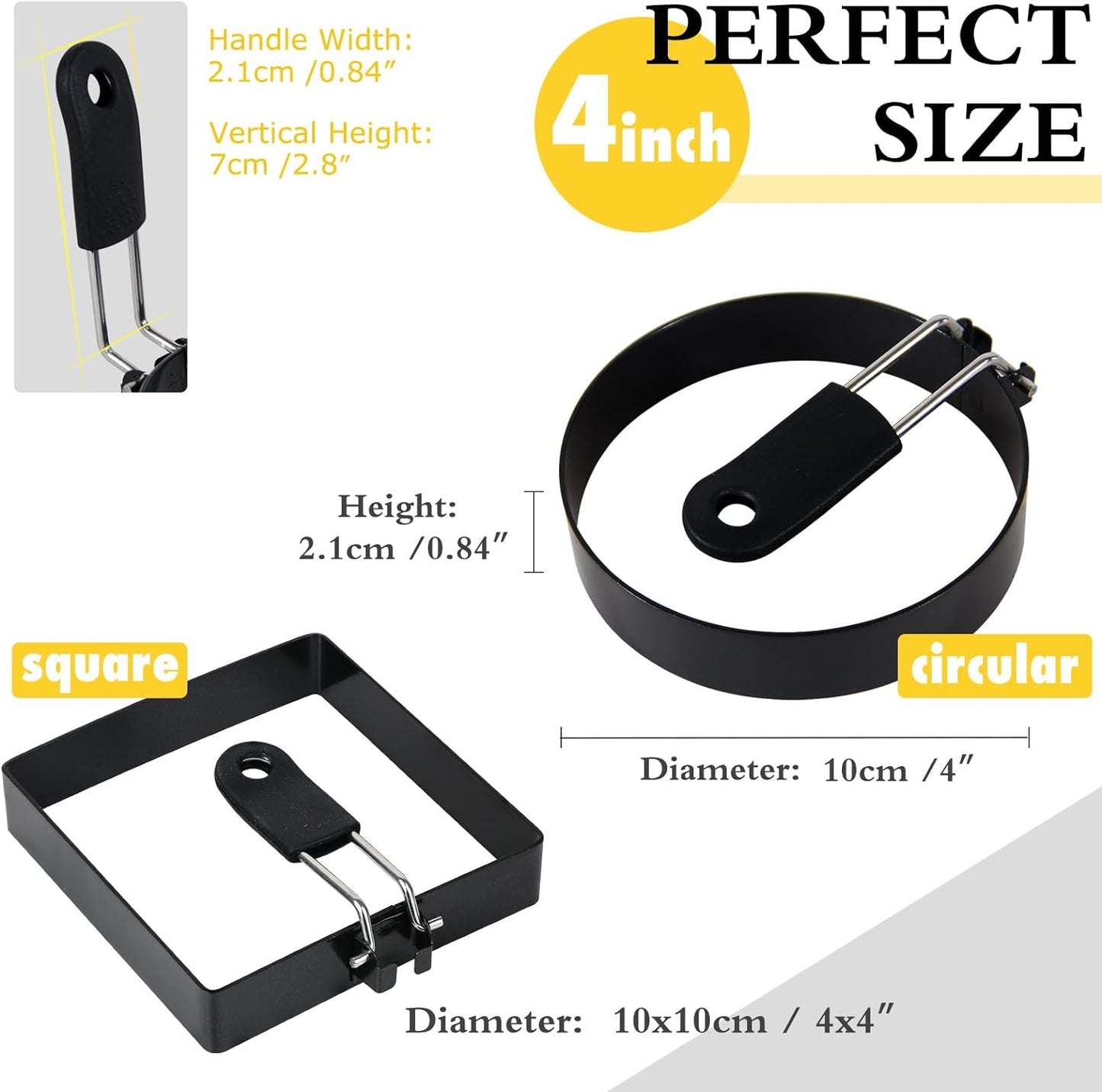 4'' Round+Square Egg Rings Set Silicone Handle Stainless Steel Egg Cooking Rings