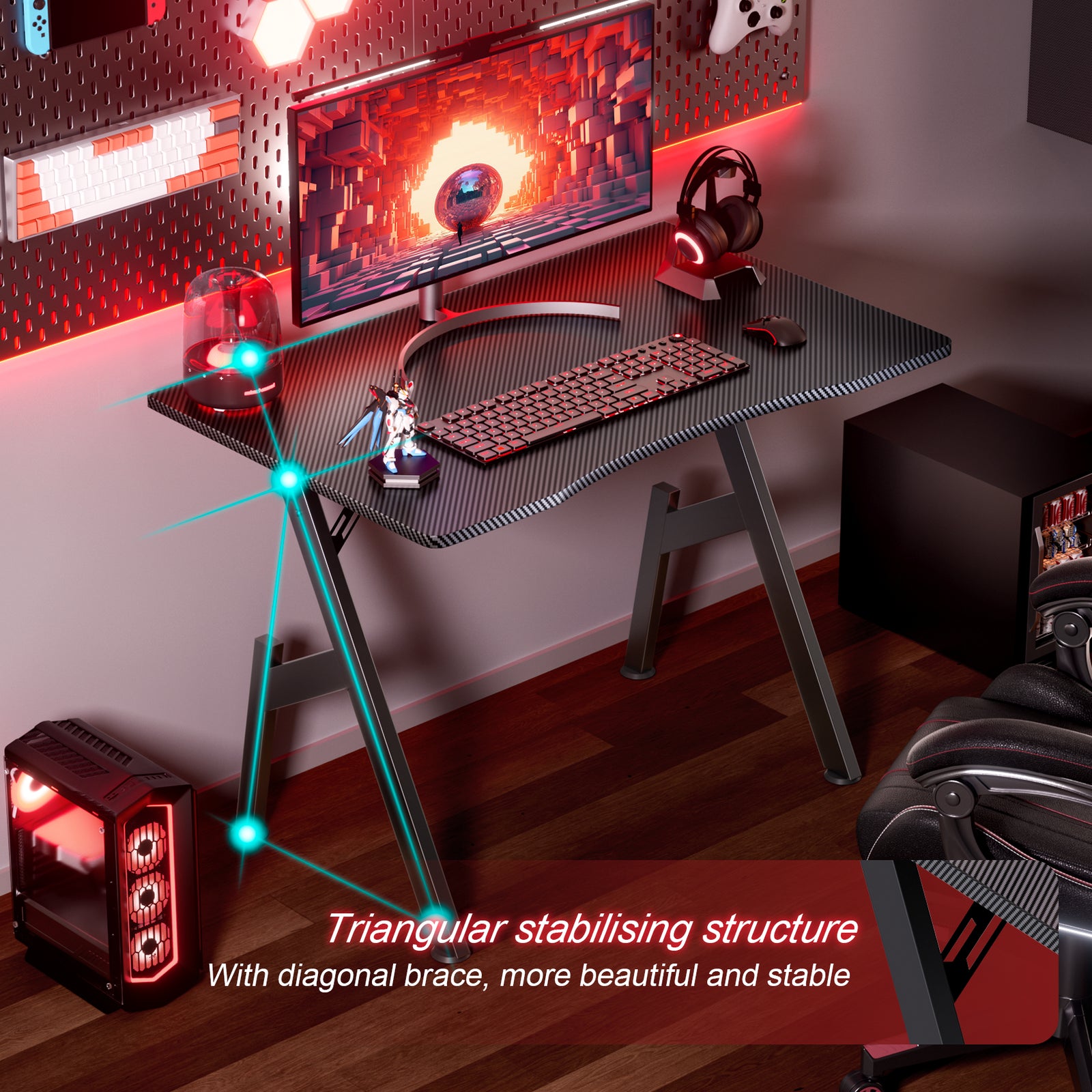 Gaming Desk for Gamers - Large Ergonomic PC Table, Carbon Fiber Surface, Sturdy Steel Frame, Headphone Hook, Cup Holder, Cable Management