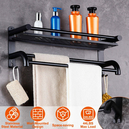 23.6'' 2-Tier Wall-Mounted Towel Rack - Matte Black Bathroom Organizer with Storage Shelf, Dual Bars, Hooks, Corrosion-Resistant & Easy Install