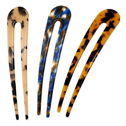 French Hair Pins 3 Pcs  Tortoise Shell U-Shaped Hair Forks, 4.3” Acetate Bun Holder for Elegant Updos, Durable & Lightweight for Weddings & Daily Wear