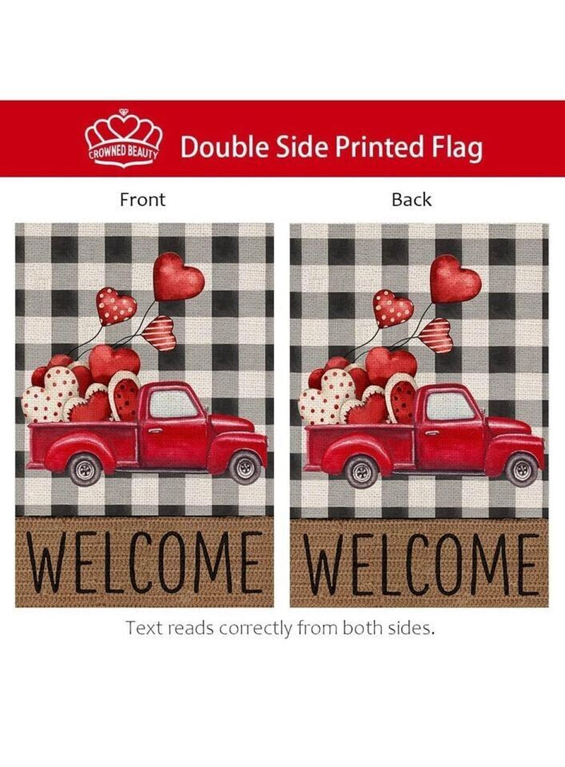 Valentine’s Day Garden Flag, Double-Sided Burlap Flag with Love Heart & Red Truck | Durable 12x18 Inch Yard Decor for Lawn, Porch & Patio