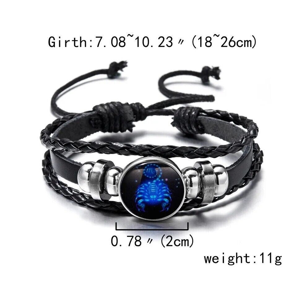 Leather Bracelet Bangle for Men Woman with Signs of the Zodiac Astrology Luminou