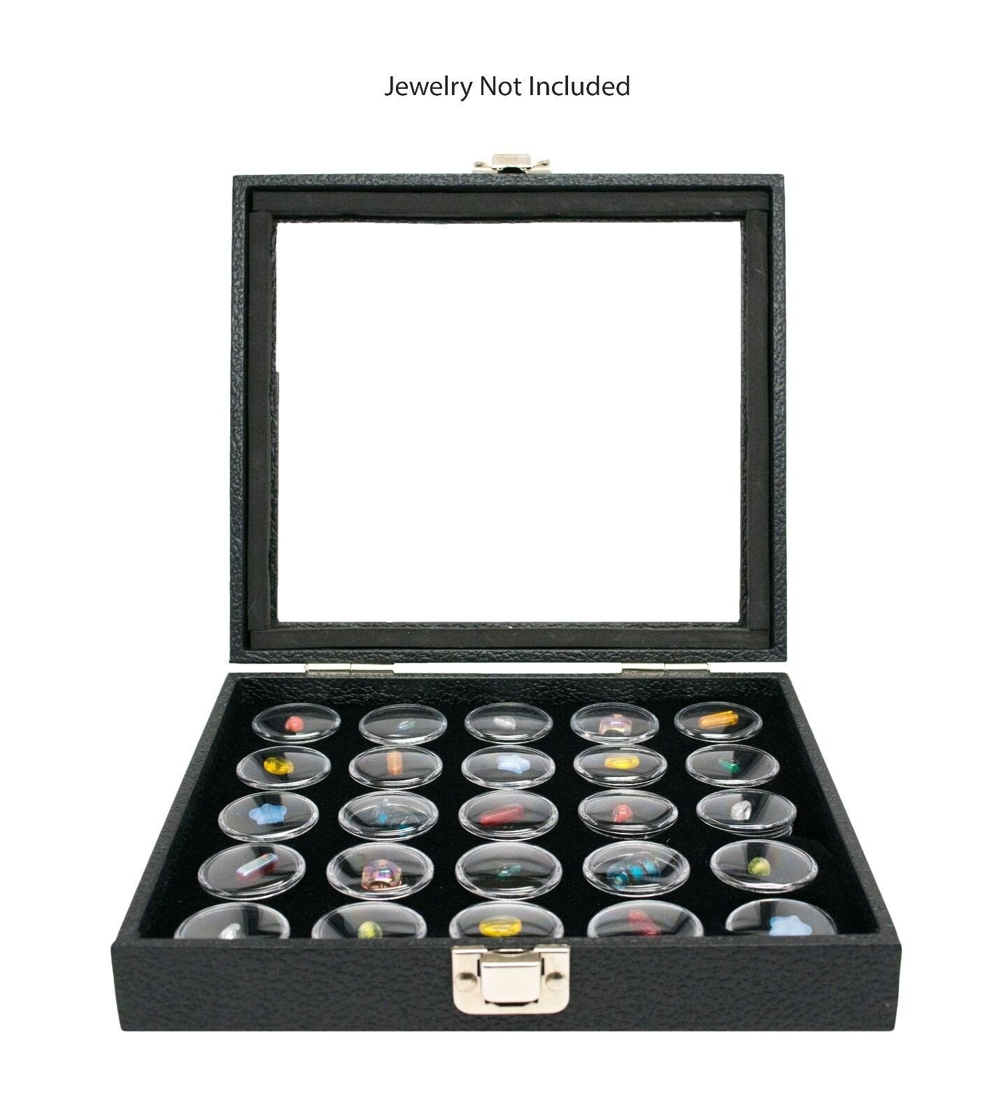 Glass Top Jewelry Display Case - Black Leatherette, Secure Latch, Gem Jar Organizer for Rings, Beads, Coins, Box Boxes Plastic Felt Wood Canister Tin