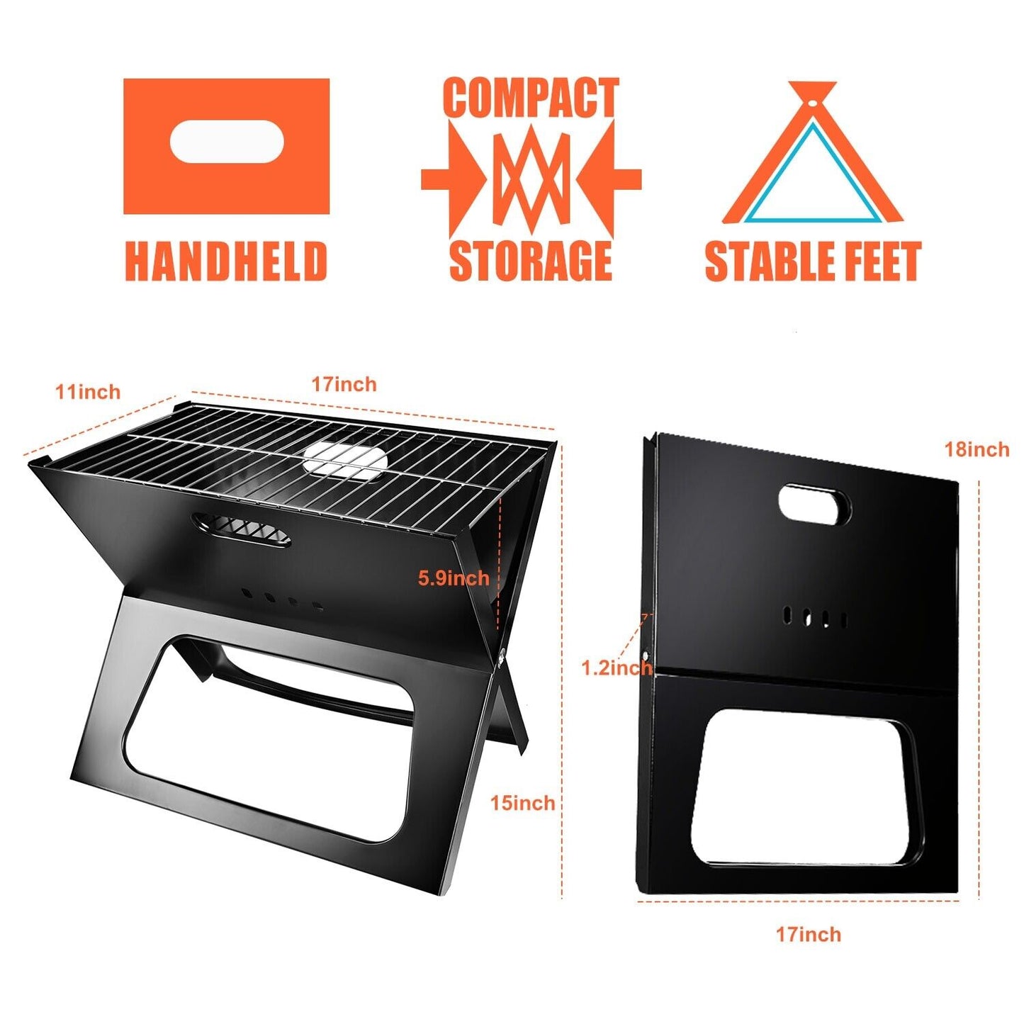 Portable Foldable BBQ Grill - Compact Charcoal Stove for Camping, Shish Kabob & Outdoor Cooking, Easy Setup, Durable, Lightweight, Large Cooking Area