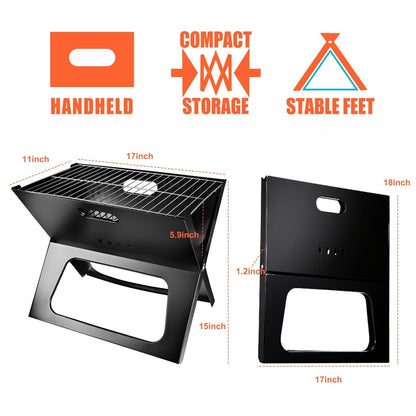 Portable Foldable BBQ Grill - Compact Charcoal Stove for Camping, Shish Kabob & Outdoor Cooking, Easy Setup, Durable, Lightweight, Large Cooking Area