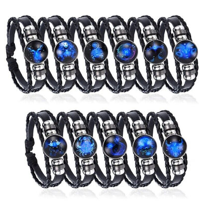 Leather Bracelet Bangle for Men Woman with Signs of the Zodiac Astrology Luminou