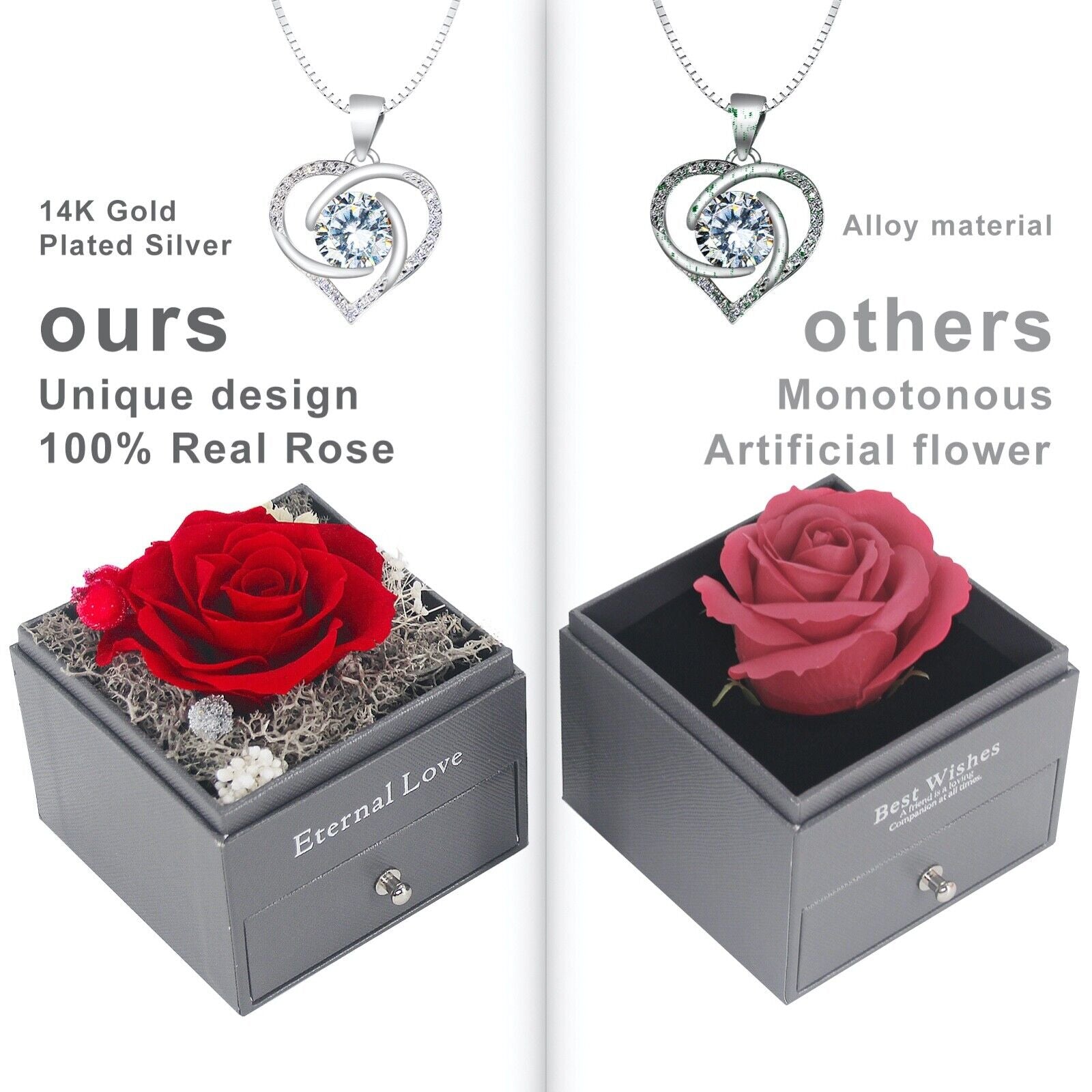 Preserved Eternal Real Rose Flower Gift Box with 14K Gold Plated Silver Necklace