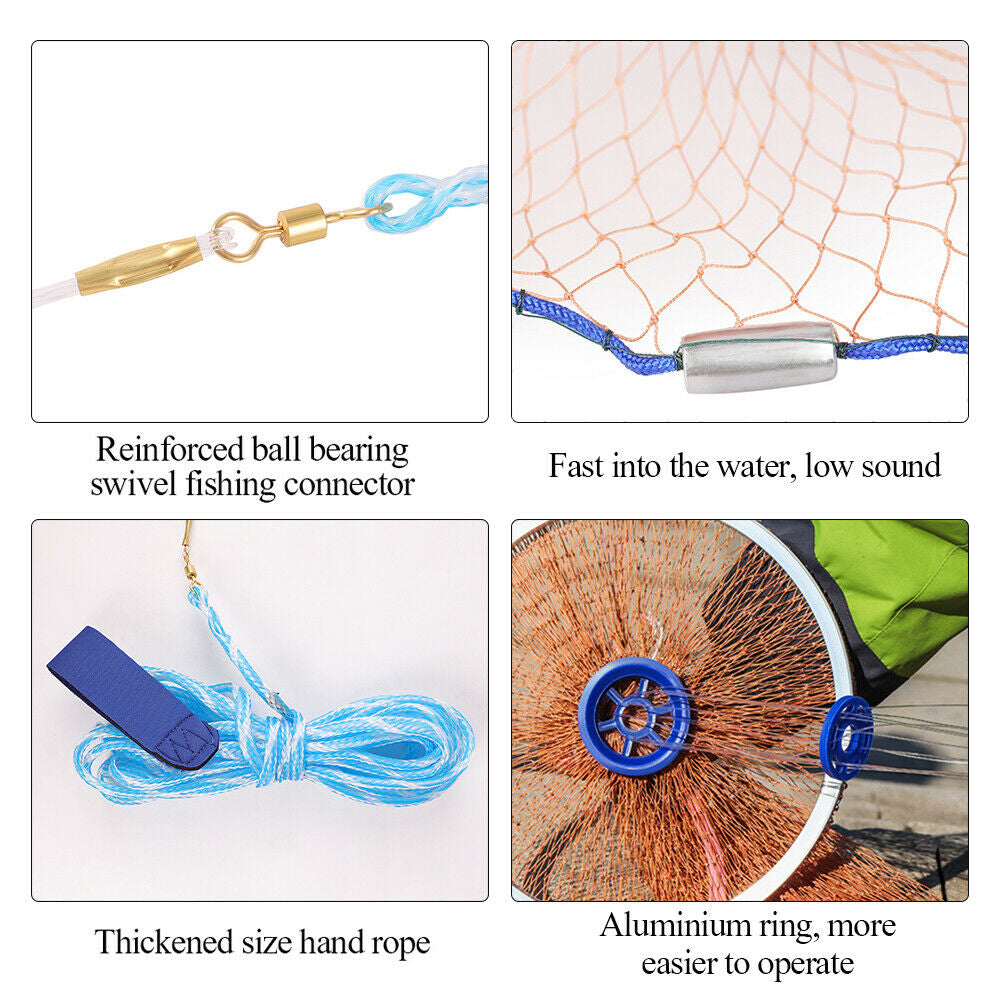 Easy Throw Fishing Cast Net, Durable Nylon Mesh with Aluminum Ring & Zinc Sinkers, Long Rope for Bait & Fish Catching Success!