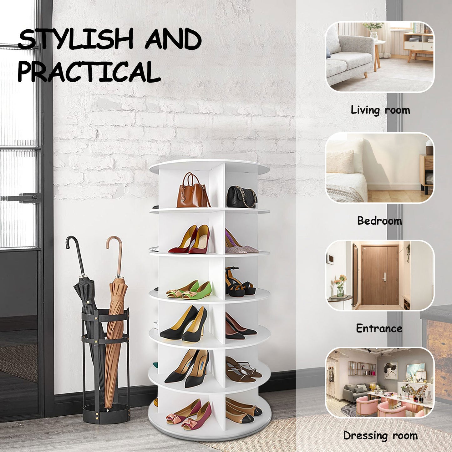 7-Tier Rotating Shoe Rack Tower 360° Spinning Shoe Display Carousel White