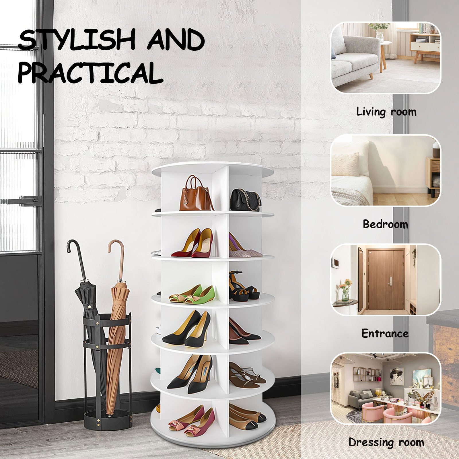 7-Tier Rotating Shoe Rack Tower 360° Spinning Shoe Display Carousel White