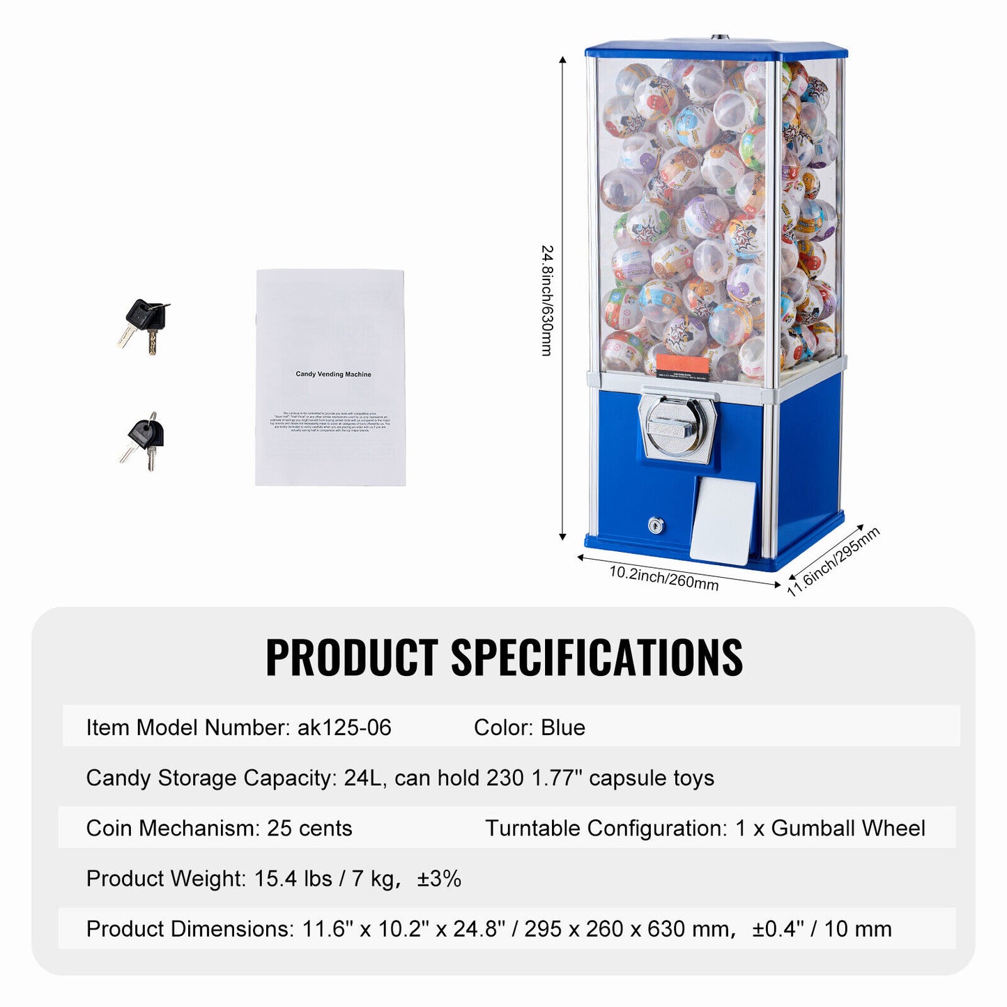 Gumball Machine 24L Large Capacity - Coin Operated Vending Machine for 1.77"-2.3" Capsule Toys, Bouncy Balls, Bubble Gum - Sturdy Metal Base, Lockable