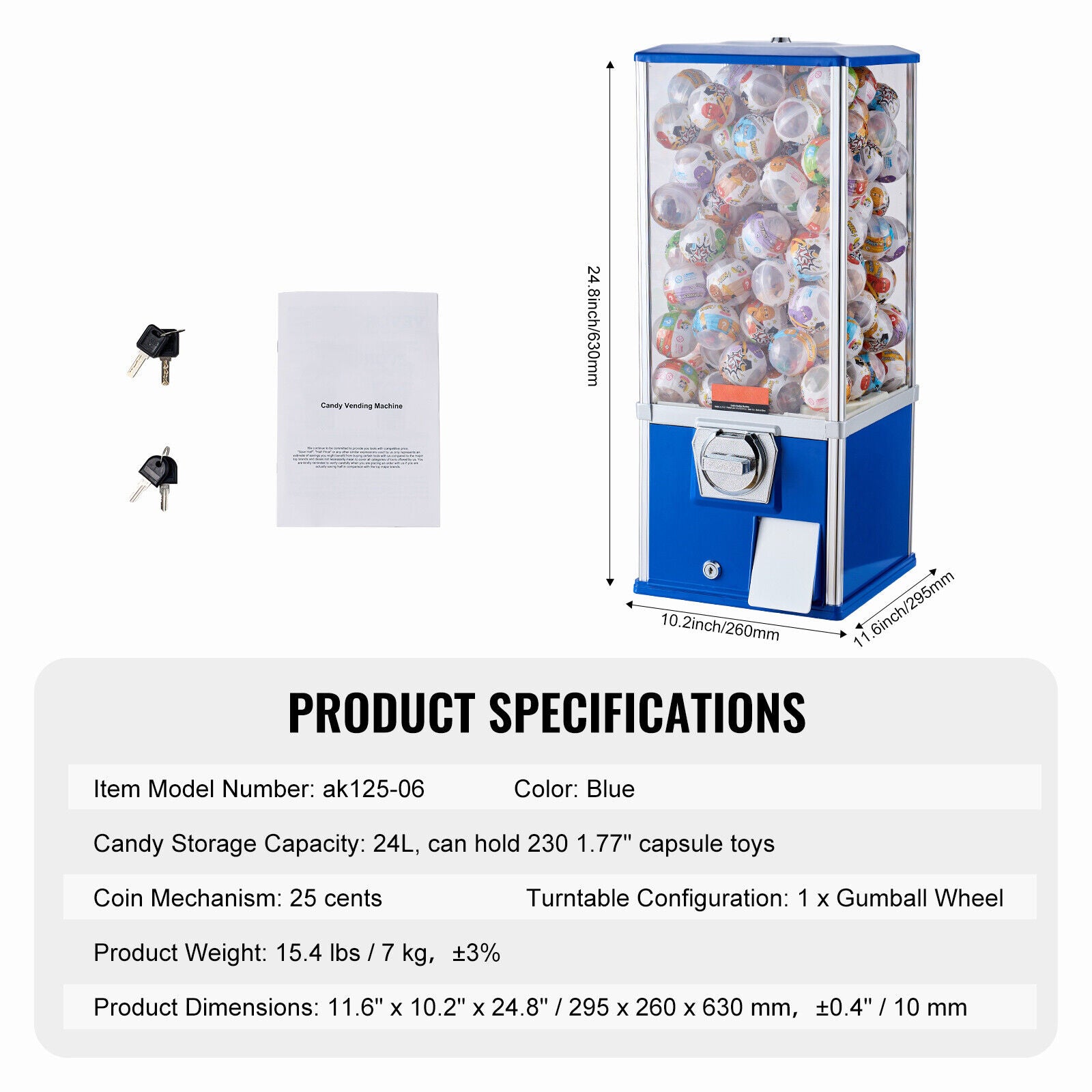 Gumball Machine 24L Large Capacity - Coin Operated Vending Machine for 1.77"-2.3" Capsule Toys, Bouncy Balls, Bubble Gum - Sturdy Metal Base, Lockable