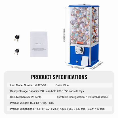 Gumball Machine 24L Large Capacity - Coin Operated Vending Machine for 1.77"-2.3" Capsule Toys, Bouncy Balls, Bubble Gum - Sturdy Metal Base, Lockable