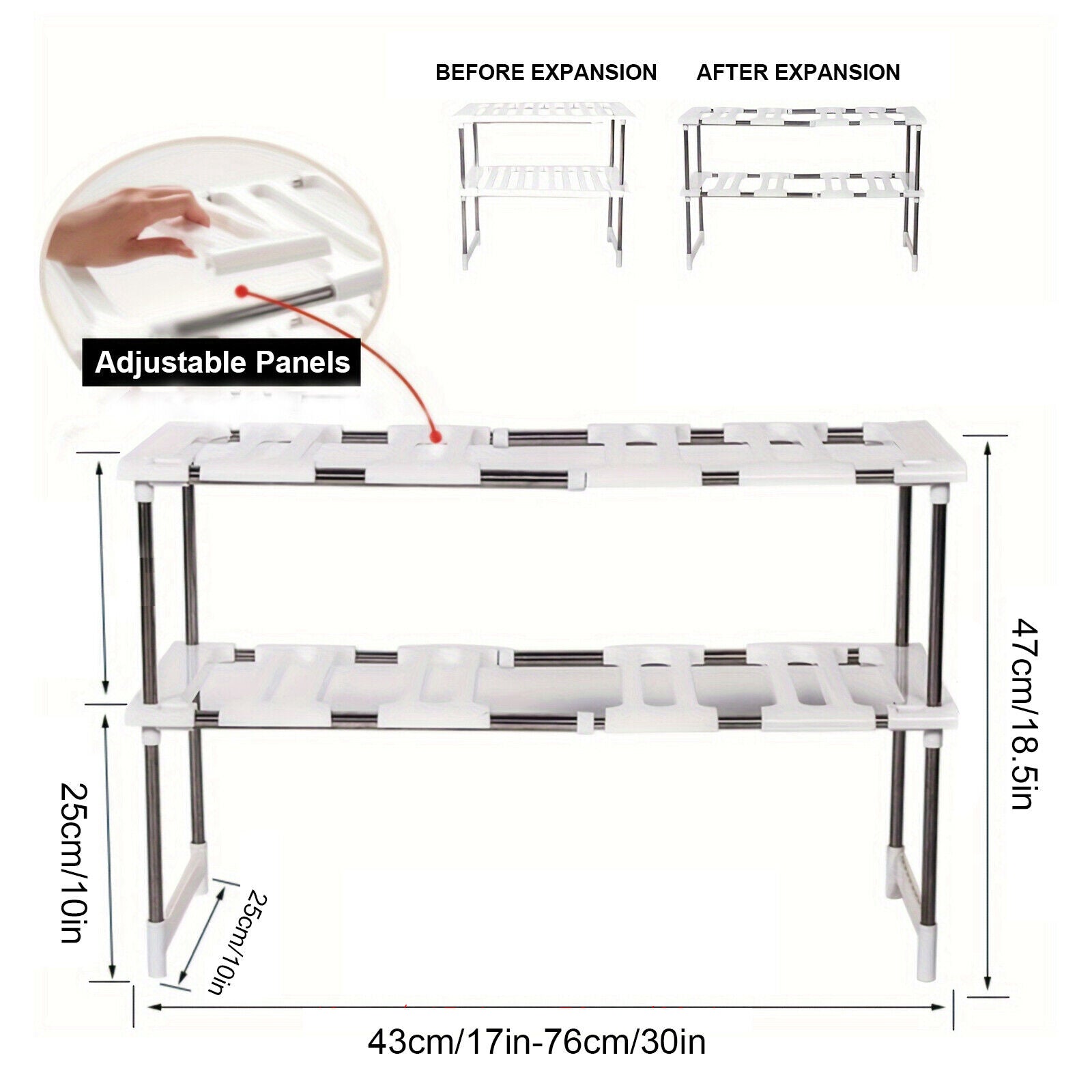 Expandable Cabinet Shelf Organizer | Stackable 2-Tier Under Sink Storage Rack | Adjustable Metal Shelves for Kitchen, Bathroom and Closet Organization