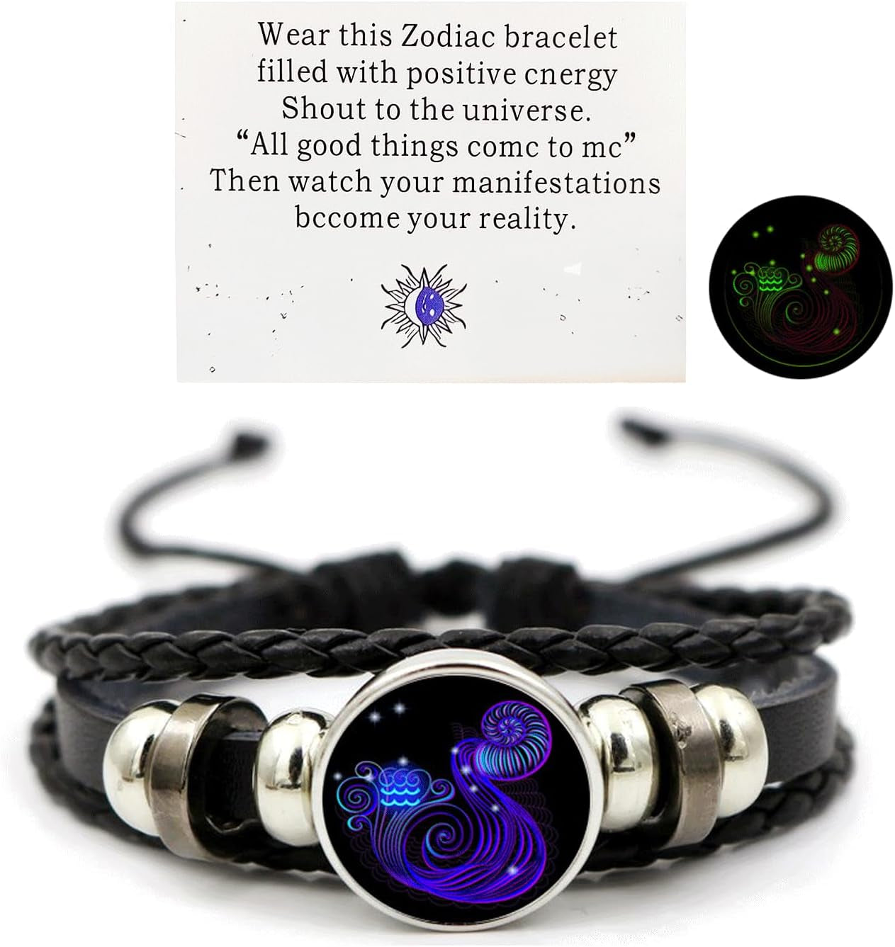 Leather Bracelet Bangle for Men Woman with Signs of the Zodiac Astrology Luminou