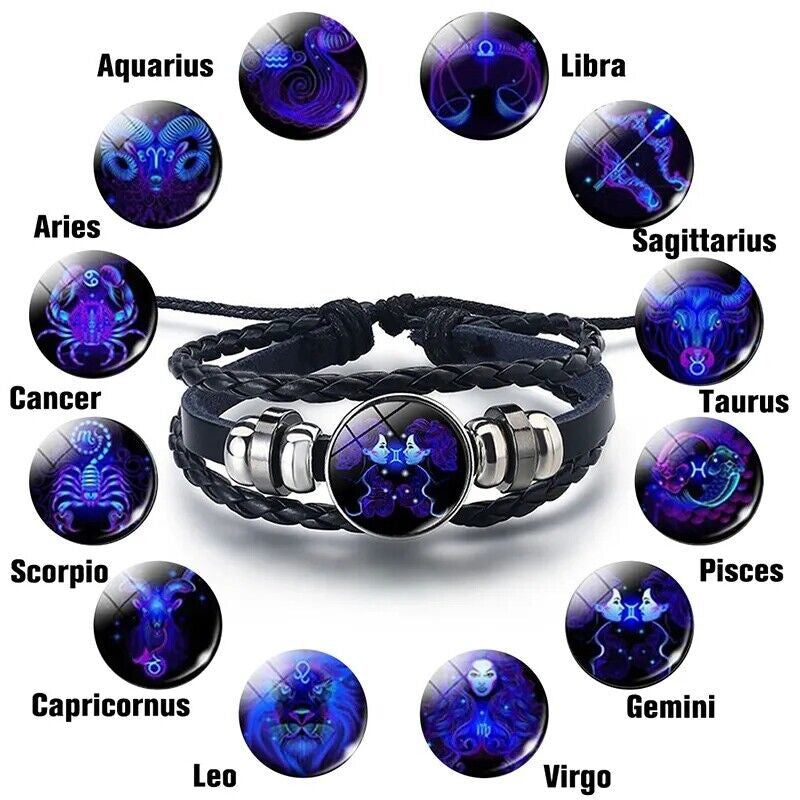 Leather Bracelet Bangle for Men Woman with Signs of the Zodiac Astrology Luminou