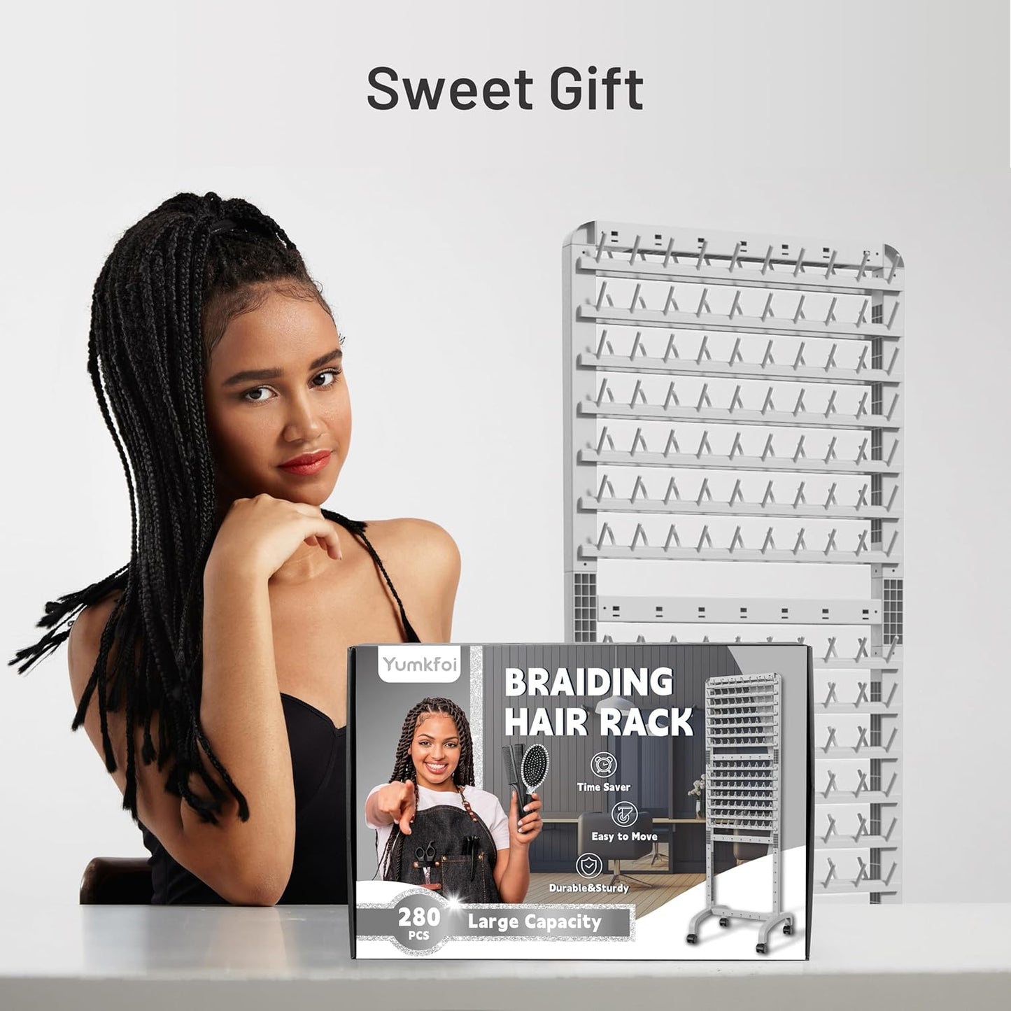 Braiding Hair Rack with 280 Pegs - Adjustable 2-Sided Hair Braiding Stand with Wheels for Tangle-Free Extensions & Storage