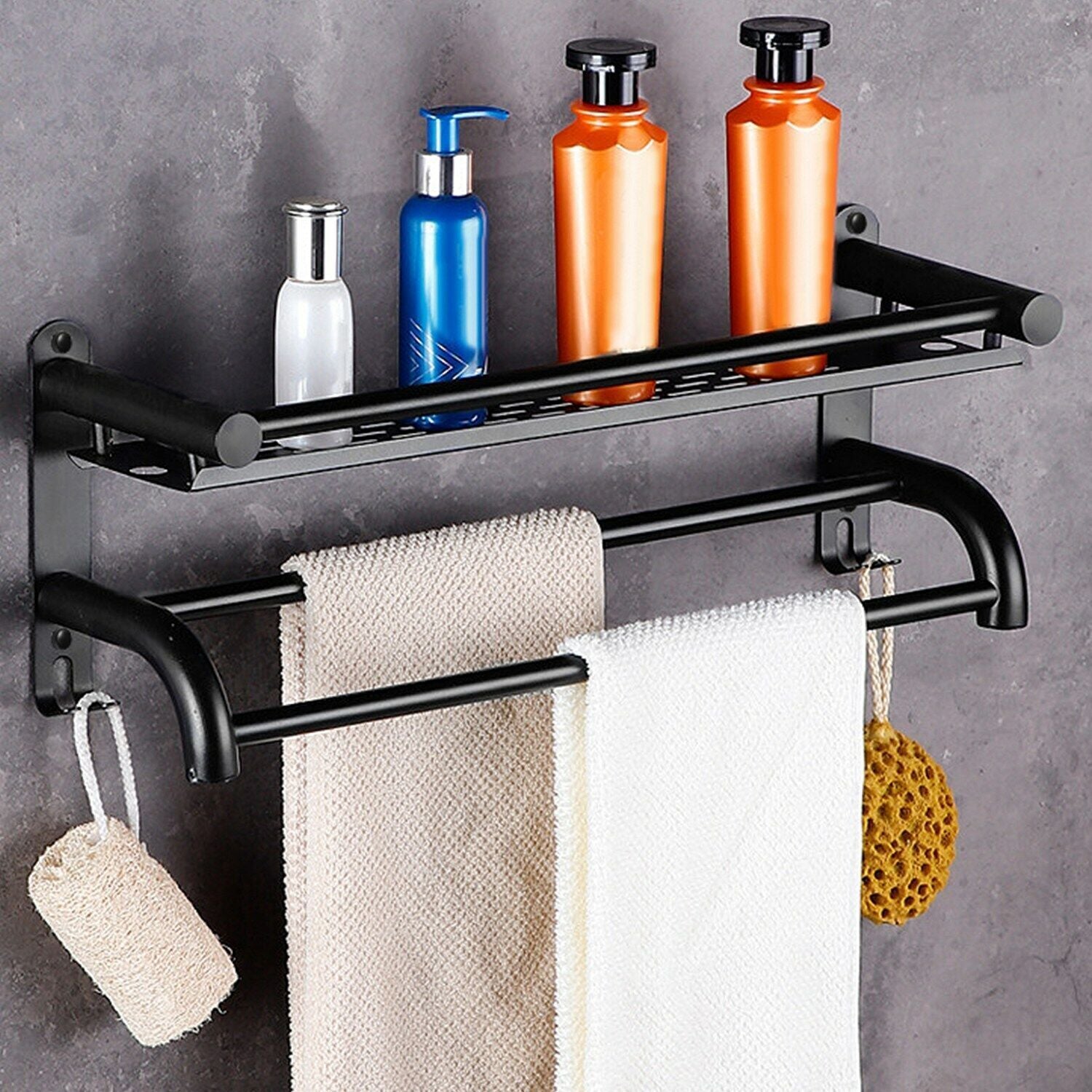 2Tiers Wall Mounted Towel Rack Bar Rail Towel Holder Bathroom Storage Shelf Tray