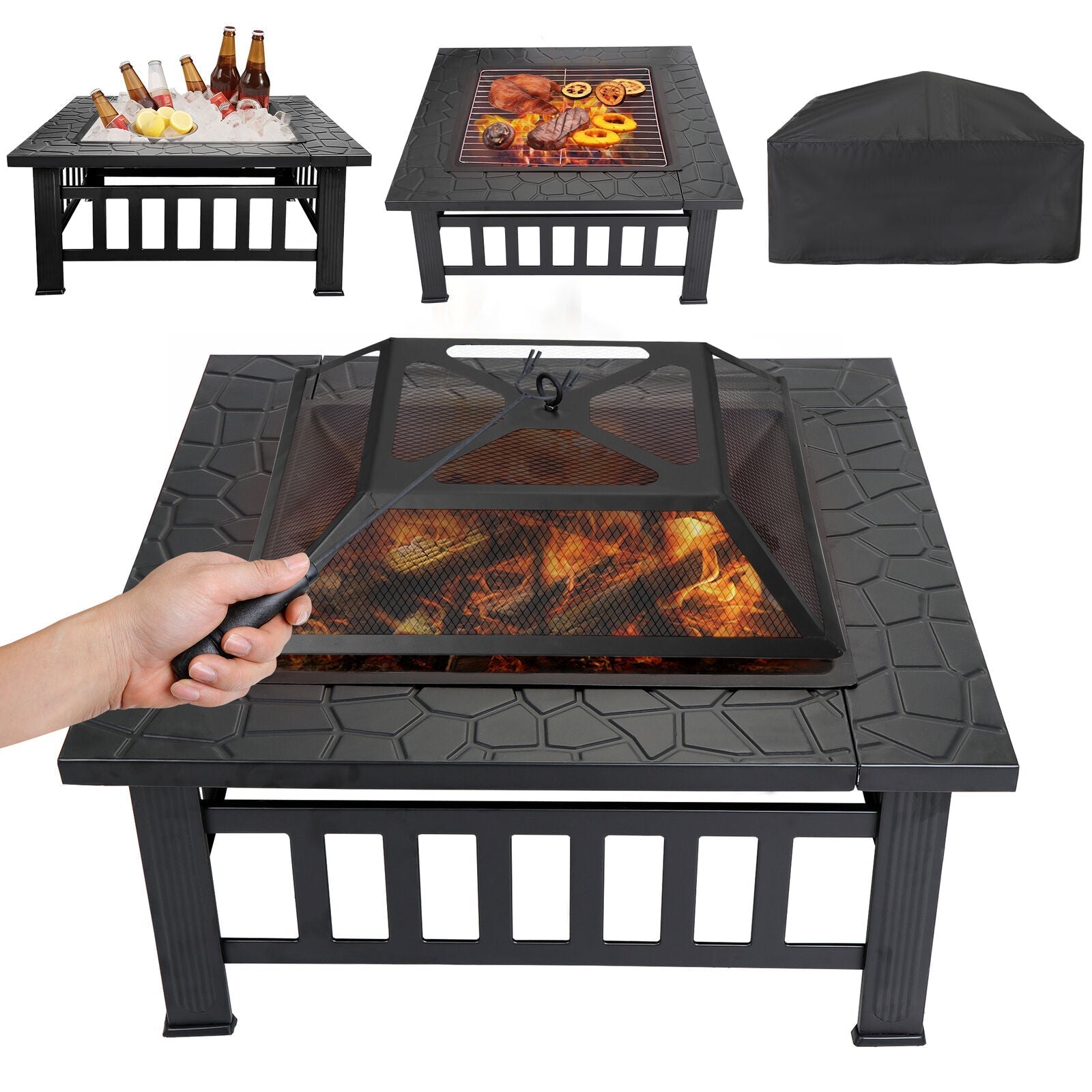 32'' Square Metal Fire Pit | Outdoor Patio & Backyard Stove w/ Mesh Lid, BBQ Grill, Poker & Heatproof Design – Rust-Resistant Sturdy Stylish