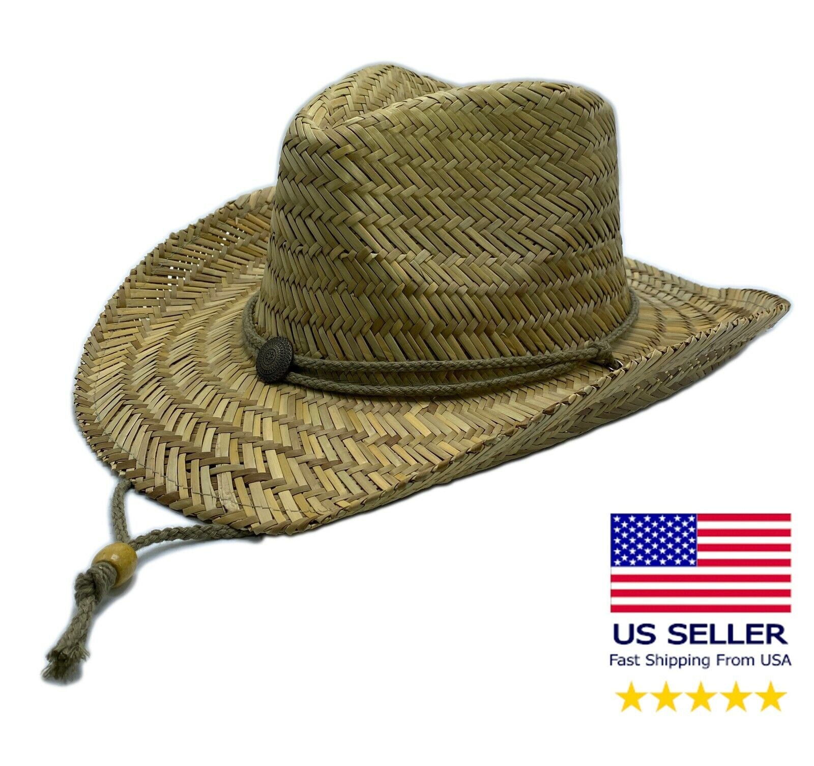Lifeguard Straw Hat Light Western Cowboy Natural with Adjustable Chin Cord