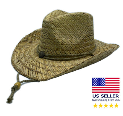 Lifeguard Straw Hat Light Western Cowboy Natural with Adjustable Chin Cord