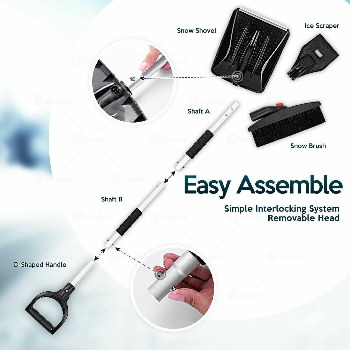 Zone Tech Snow Shovel Kit 3-In-1 Brush Ice Scraper Collapsible Removable Design