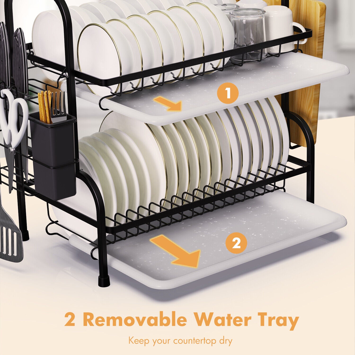 Over Sink Dish Drying Rack 2-Tier | Stainless Steel Kitchen Dish Rack with Drainboard, Utensil Holder, Cutting Board Rack | Space-Saving Organizer